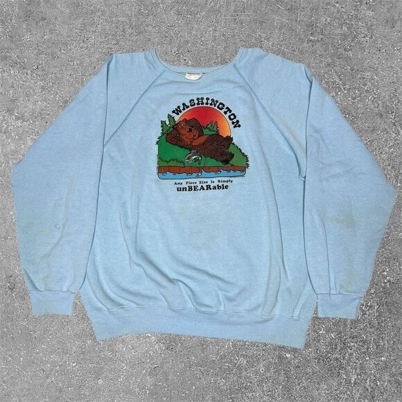 American Vintage 80s Washington State Bear Funny Sweatshirt Hanes Oversized - Picture 1 of 6